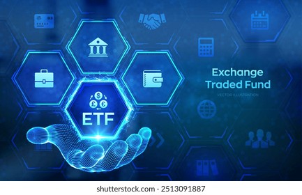 ETF Conceito financeiro de investimento de negociação de ações em bolsa em tela virtual. Ícone ETF na mão wireframe. Fundo para índices do mercado de ações. Crescimento dos negócios. Ilustração vetorial.