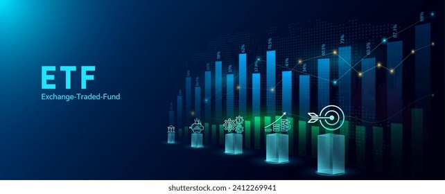 Fondo Comercial de Cambio de ETF. Mercado bursátil de inversión en operaciones. Los iconos financian, ahorran, bancos. Planificación del crecimiento de los fondos del índice de estrategia de negocios. Análisis de la tendencia del gráfico. Ilustración vectorial de banner.