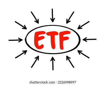 Fondo de Operaciones de Cambio de ETF - tipo de fondo de inversión y producto negociado en bolsa, se negocian en bolsas de valores, concepto de texto de acrónimo con flechas