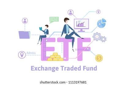 ETF, Exchange Traded Funds. Concept with keywords, letters and icons. Colored flat vector illustration on white background.