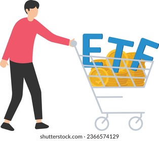 ETF, Exchange Traded Funds real time mutual funds, Tracking investment index trading, Stock market, Shopping carts or trolley full of Dollar money coins, Alphabet combine the word ETF

