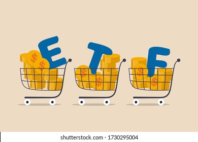 ETF, Exchange Traded Funds realtime mutual funds that tracking investment index trading in stock market concept, shopping carts or trolley full of Dollar money coins with alphabet combine the word ETF