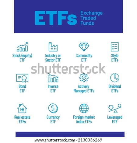 ETF Exchange Traded Funds vector infographic design. Trendy modern flat linear vector ETF icon, ETF collection, outline vector illustration