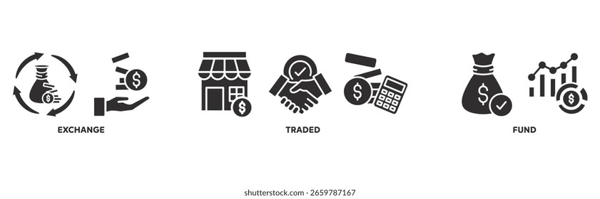 Concepto de ilustración de conjunto de iconos ETF con icono de intercambio, negociado, fondo