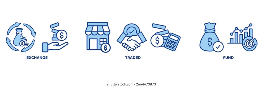 Concepto de ilustración de conjunto de iconos ETF con icono de intercambio, negociado, fondo