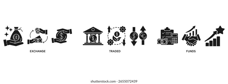 ETF-Symbolsatz, Vektorgrafik-Konzept beziehen sich auf Exchange Traded Funds Börsenmarktinvestitionen mit Symbol für Geld, Cashflow, Handel, Transaktion, Bank, Buchhaltung und Wachstum