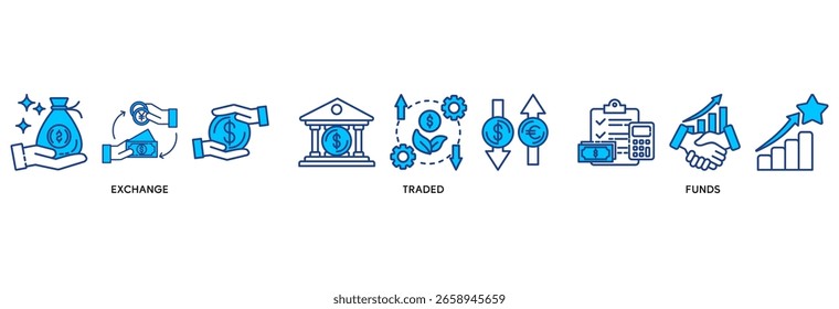 El concepto de Ilustración vectorial del conjunto de iconos de ETF se relaciona con la inversión bursátil de fondos negociados en bolsa con el icono de dinero, flujo de efectivo, operaciones, transacciones, bancos, contabilidad y crecimiento