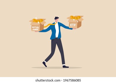 ETF, Index Fund Or Mutual Fund Alternative Concept, Businessman Investor Holding Or Balance ETF Box On Left Hand And Mutual Fund Box On Right Hand.