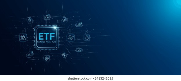 ETF letters in microchip processor circuit board. Exchange Traded Fund. Planning business strategy index fund. Trading investment stock market. Innovative technology digital. Banner vector.