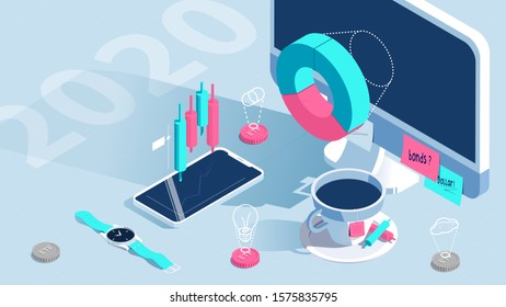 ETF, Strategic financial management concept. Business strategy. Success in the business. 3d isometric design. Vector illustration.