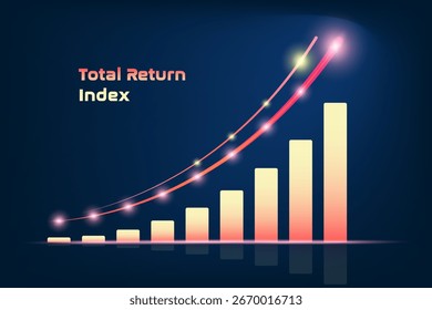 Índice de retorno total ETF no mercado de ações. O gráfico de barras e o gráfico de linhas mostram o crescimento financeiro. O gráfico visualiza uma tendência de negócios, lucro ou sucesso com barras ascendentes e uma curva ascendente. Crescimento de capital.