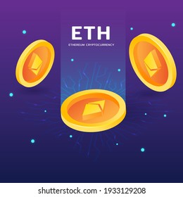 ETH ethereum cryptocurrency with network vector on dark background