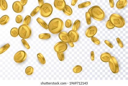 ETH. Ethereum gold coins explosion isolated on transparent background. Cryptocurrency concept. Vector illustration.