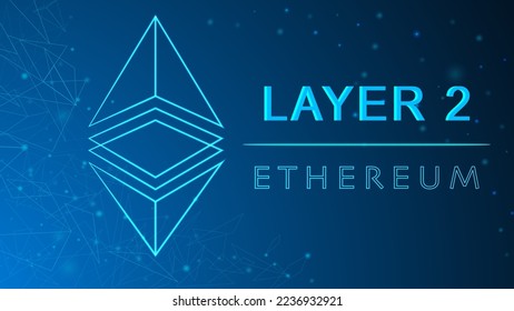 ETH, Ethereum Layer 2 blockchain technology solutions illustration idea. Ethereum logo design in abstract background, Layer2 concept for banner, website, landing page, ads.