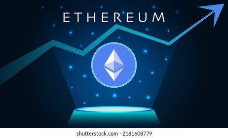 ETH, Ethereum in uptrend and price is rising. Crypto coin symbol and up arrow. ETH logo in podium with hologram effect concept for banner, website, landing page, ads.