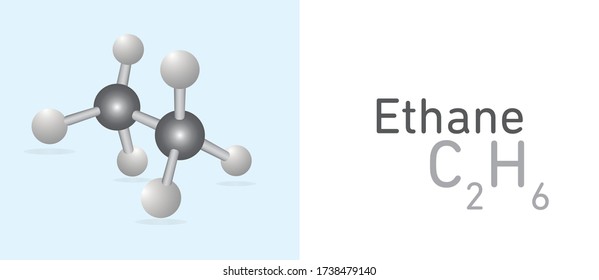 Molécula de gas etano (CH4). Modelo de palo. Fórmula química estructural y modelo molécula. Educación química