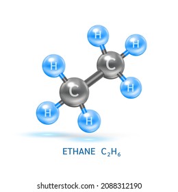 Ethane gas molecule models and Physical chemical formulas. Natural gas combustible gaseous fuel. Ecology and biochemistry science concept. Isolated on white background. 3D Vector Illustration.