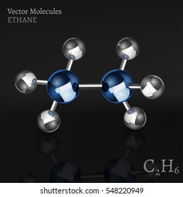 Ethane molecule in 3D style. C2H6 vector illustration isolated on a dark grey background. Scientific, educational and popular-scientific concept.