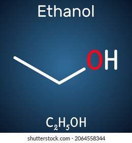 Ethanol, C2H5OH molecule. It is a primary alcohol, an alkyl alcohol. Structural chemical formula on the dark blue background. Vector illustration