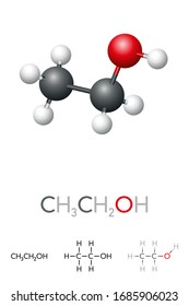 Ethanol, CH3CH2OH, ethyl alcohol, molecule model and chemical formula. A chemical solvent, psychoactive substance in alcoholic drinks, a fuel source, antiseptic and disinfectant. Illustration. Vector.