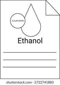 Diagrama de etanol C ¯ H₅OH fórmula círculo forma de lágrima texto Líneas de etanol en una página blanca con esquina doblada