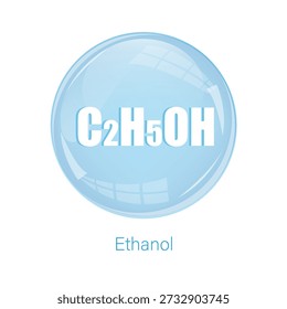 Ethanol fluid icon. C2H5OH formula text. Blue sphere Vector. Round glossy badge.