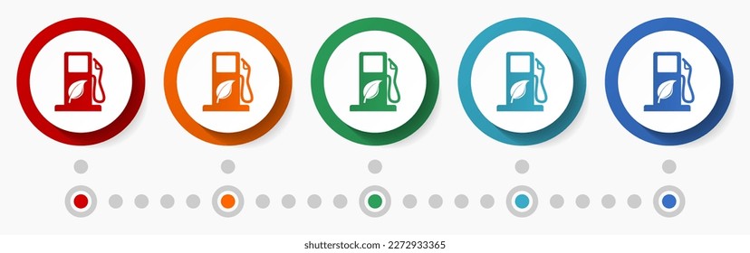 Ethanol, fuel, biodiesel concept vector icon set, flat design colorful buttons, infographic template in 5 color options