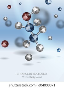 Ethanol molecule background in volumetric style. C2H6O vector illustration on a light white and blue backdrop. Scientific, educational and popular-scientific concept.