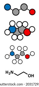 Ethanolamine (2-aminoethanol) molecule. Stylized 2D renderings and conventional skeletal formula.
