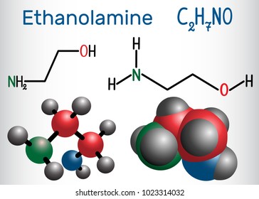 Ethanolamine (ETA or MEA) molecule . A primary amine and a primary alcohol. Structural chemical formula and molecule model. Vector illustration