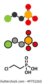 Ethephon plant growth regulator molecule. Stylized 2D renderings and conventional skeletal formula.