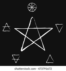 Ether. Air. Earth. Fire. Water. Pentagram with five elements. Vector illustration