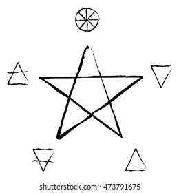 Ether. Air. Earth. Fire. Water. Pentagram with five elements. Vector illustration