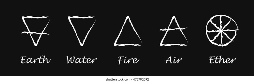 Ether. Air. Earth. Fire. Water. Alchemy vector icons. Vector illustration