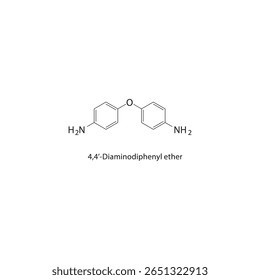 Estrutura esquelética do éter 4,4’-diaminodifenílico. Ilustração esquemática do composto amina aromático. Diagrama simples, fórmula química.
