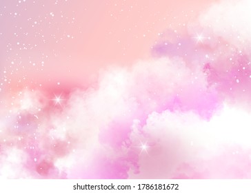 Ethereal background of formations of pink clouds and twinkling stars with copyspace, colored vector illustration
