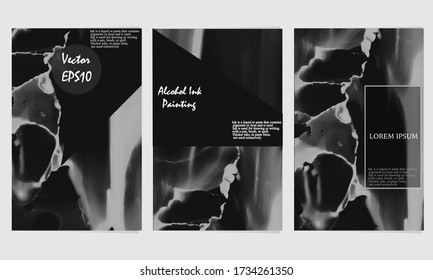 Ethereal backgrounds in black, white colors. Alcohol ink covers set. Artistic vector illustration. Fluid monochrome banners. Airy posters collection. Smoky ink painted banners. Beautiful  flyers set.