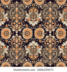 Ethereal Baroque Bloom – Ornate floral patterns with a vintage baroque feel in warm orange and gold tones. Ideal for textiles, wallpapers, and fashion prints.