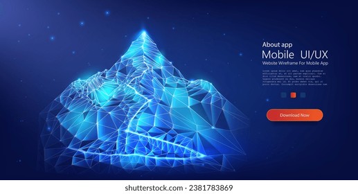 Ethereal Blue Polygonal Mountain Landscape Illuminated under a Starry Celestial Sky: Modern Vector Representation of Digital Nature. Low poly monochrome mesh with connected dots, lines and shapes.