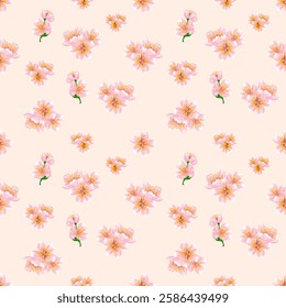 Ethereal cherry blossom pattern featuring delicate pink petals with golden centers, artfully scattered on a soft cream background. This romantic floral design evokes springtime in Japan.