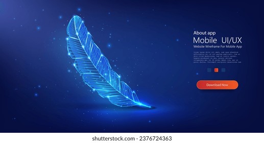 Ethereal Digital Representation of a Feather Floating in a Starry Night Sky with Luminous Blue Patterns. Writing Quill Signature icon form lines in low poly style. Isolated vector illustration