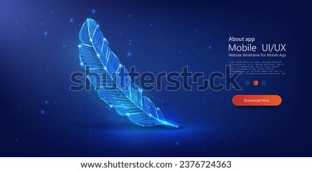 Ethereal Digital Representation of a Feather Floating in a Starry Night Sky with Luminous Blue Patterns. Writing Quill Signature icon form lines in low poly style. Isolated vector illustration