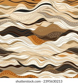 An ethereal and dynamic abstract swirling waves, brown and white vector seamless pattern artistry and captivating movement