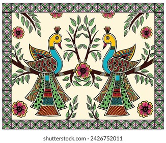 Ethereal Elegance - Peacock Majesty in Madhubani Art, Majestic Bird Motif, Colorful Avian Beauty, Ethnic Artwork with Avian Theme.