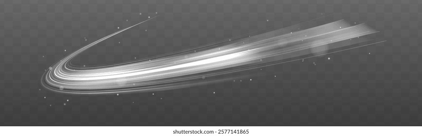 Ethereal fire portal sign with strange flame spark. Glowing white spiral on transparent background for Christmas card and banner design. Vector comet with large dust.	