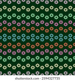 Ethereal floral pattern featuring geometric star-like blossoms in soft pastel hues of cream, mint, pink, coral, and blue. Arranged in delicate horizontal rows against a deep emerald background.