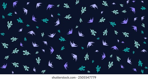 Ethereal and flowing pattern of stylized turquoise and purple fish silhouettes against a dark navy background, creating a serene and mysterious underwater aesthetic.