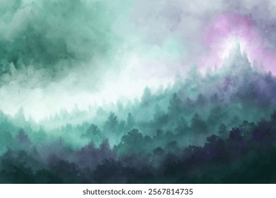 Ethereal forest landscape, soft misty atmosphere, vibrant green hues, tranquil nature scene, artistic watercolor style.