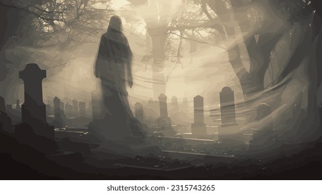 Ethereal Ghost at Cemetery Vector Captivating and High-Quality Image Depicting a Haunting Specter Amongst Tombstones