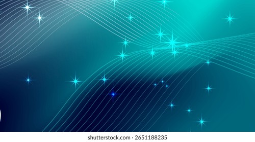 Fundo gradiente etéreo com estrelas cintilantes e linhas fluindo evoca um ambiente sereno e mágico com tons de azul escuro e azul escuro, criando um visual cósmico e sonhador